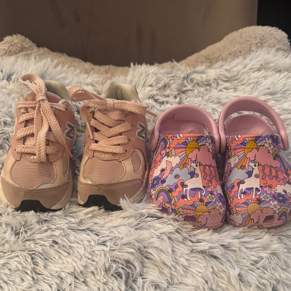 New Balance Kids Sneakers in Light Pink and Pink Unicorn Crocs